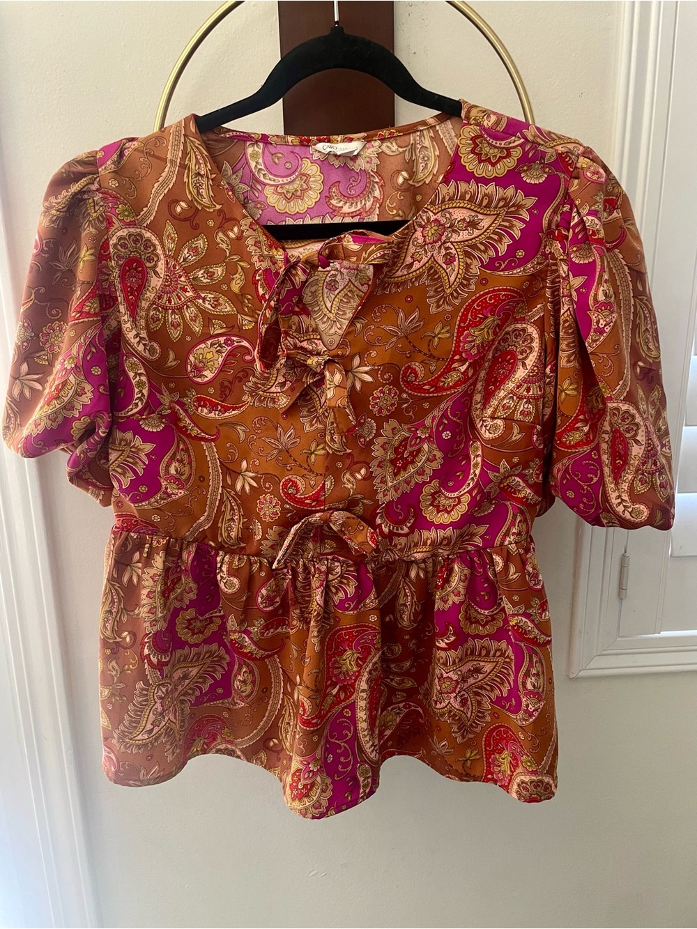 Cato Paisley Peplum Blouse in Rust and Magenta
